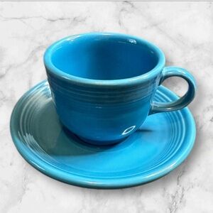 Vintage Fiestaware HLC lead free cup and saucer set in peacock blue